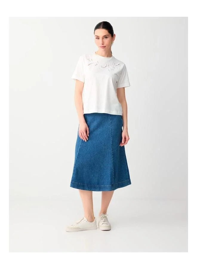 Jimmy Key Dark Indigo Blue 100% Cotton High Waist Comfortable Fit Midi Denim Skirt.