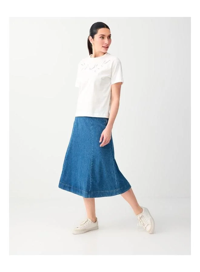 Jimmy Key Dark Indigo Blue 100% Cotton High Waist Comfortable Fit Midi Denim Skirt.
