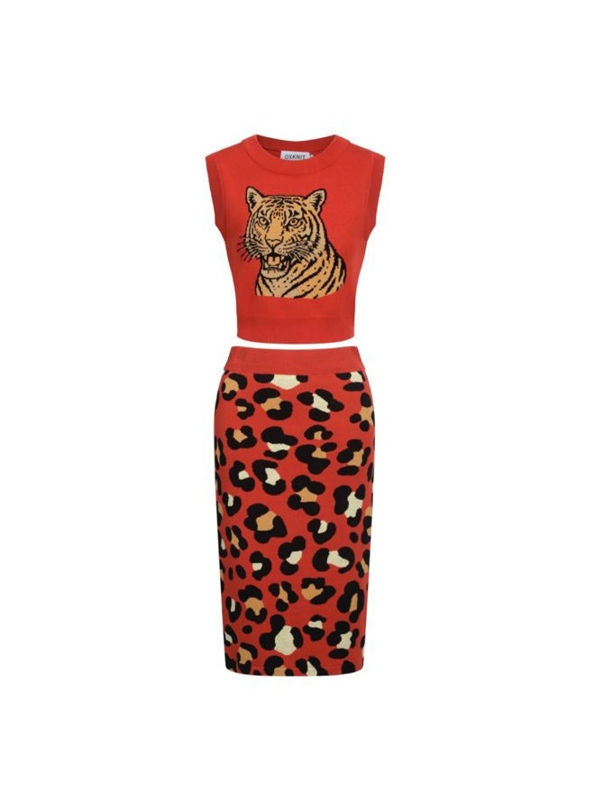 OXKNIT Women's Red Knitted Vest Skirt Sets, Casual Retro Tiger Pattern 2 Piece Sets Cotton Summer Outfits, Red, L - Image 1