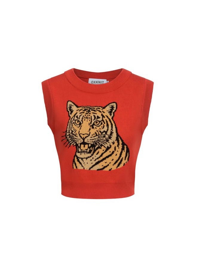 OXKNIT Women's Red Knitted Vest Skirt Sets, Casual Retro Tiger Pattern 2 Piece Sets Cotton Summer Outfits, Red, L - Image 2