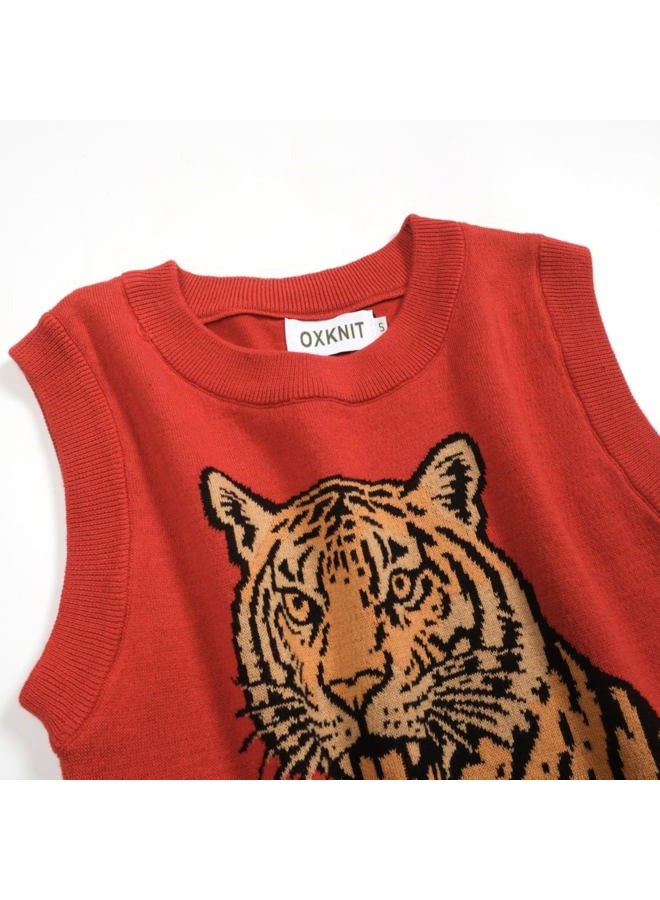 OXKNIT Women's Red Knitted Vest Skirt Sets, Casual Retro Tiger Pattern 2 Piece Sets Cotton Summer Outfits, Red, L - Image 5