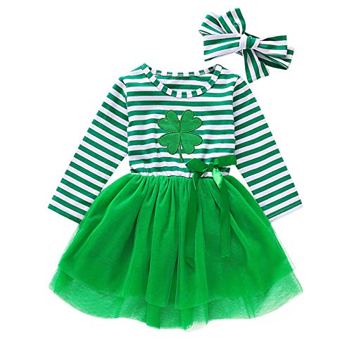 GOOCHEER St. Patrick´s Day Toddler Girl Outfit Clover Long Sleeves Toddler Girl St. Patrick´s Day Dress Clothes + Headband (Green, 2-3T) - Image 1