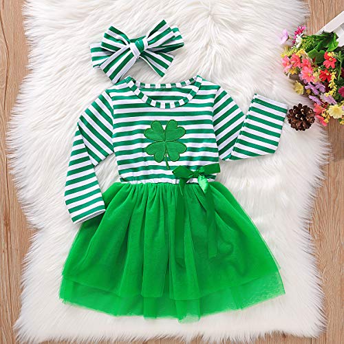 GOOCHEER St. Patrick´s Day Toddler Girl Outfit Clover Long Sleeves Toddler Girl St. Patrick´s Day Dress Clothes + Headband (Green, 2-3T) - Image 2