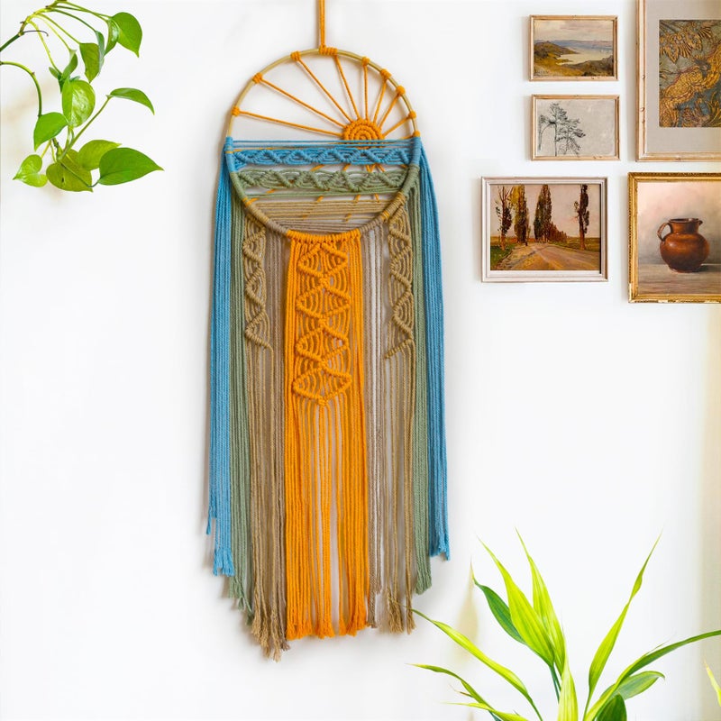LB Macrame Wall Hanging Boho Macrame Wall Decor, Sunset Wall Art Dream Catcher Hand Woven Wall Art Boho Colorful Sun Tapestry for Bedroom Living Room Nursery Office Backdrop, 10x33 Inch - Image 1