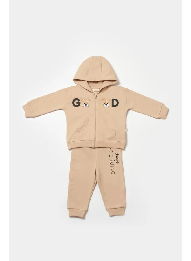 Magu Baby Cotton Beige Hooded Tracksuit with Teddy Bear Print - Two-Piece Set