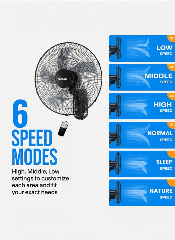 Vmax 18" Wall Fan High Performance Fan with 6-Speed Controls 5 Leaf Blades and Remote Control, Adjustable Tilt Angle V-HWF3007 Black  - Image 4