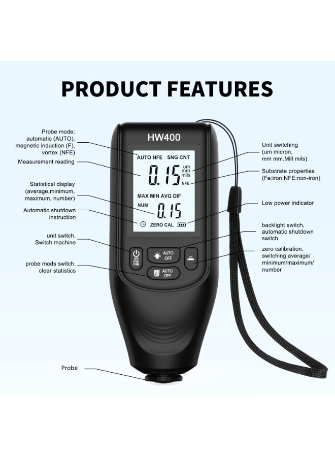 HW-400 High Precision Coating Thickness Gauge, Industrial Paint Thickness Tester for Iron and Aluminum Surfaces, LED Display, Auto Detection, 0-2000µm Range - Image 2