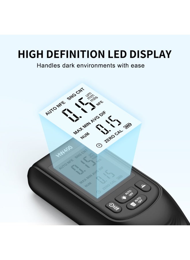 HW-400 High Precision Coating Thickness Gauge, Industrial Paint Thickness Tester for Iron and Aluminum Surfaces, LED Display, Auto Detection, 0-2000µm Range - Image 5