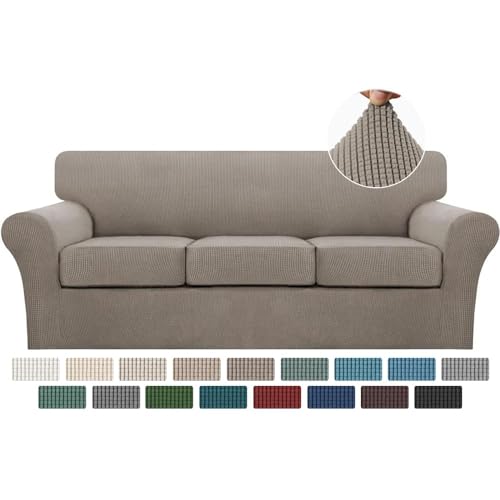 Turquoize 4 Piece Couch Covers for 3 Cushion Couch Sofa Pet Friendly Stretch Couch Cover for Dogs Washable Sofa Covers with Individual Couch Cushion Covers, Jacquard Fabric (3 Cushion Sofa, Taupe) - Image 1