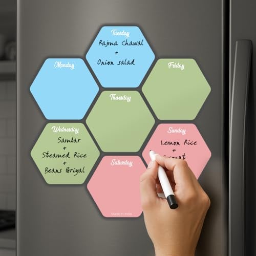 3 Lines Weekly Meal Planner | Acrylic Honeycomb Design for Fridge Magnets with Markers | Stay Organized | Adorable Meal Planner Magnets for Each Day of The Week | 7 Pcs.. - Image 1