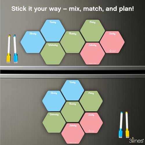 3 Lines Weekly Meal Planner | Acrylic Honeycomb Design for Fridge Magnets with Markers | Stay Organized | Adorable Meal Planner Magnets for Each Day of The Week | 7 Pcs.. - Image 2