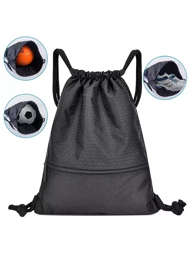 XUN Drawstring Backpack,Sports Canvas Bag,Waterproof Oxford Fabric Drawstring Bag,Swimming Bag,Basketball Bag,Soccer Bag,Zipper 43*49cm(Black) - Image 1