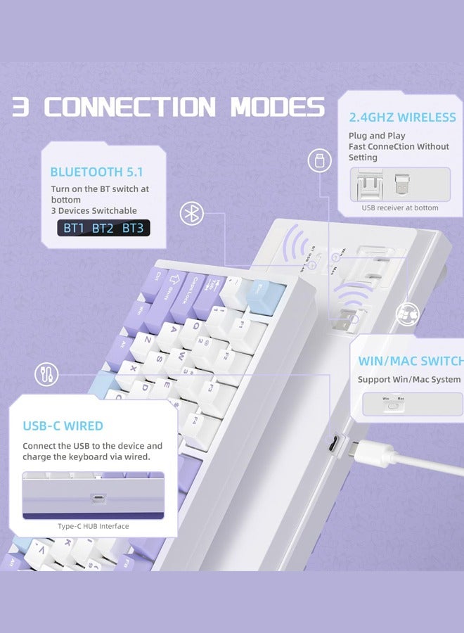 Ajazz AK820 Pro Gaming Keyboard,75% Gasket-mounted Mechanical Keyboard with TFT Screen, RGB Light,3 Modes(Bluetooth 5.1/2.4G Wireless & Type-C Wired), Sound Dampening Foams (Purple, flying fish switch) - Image 4