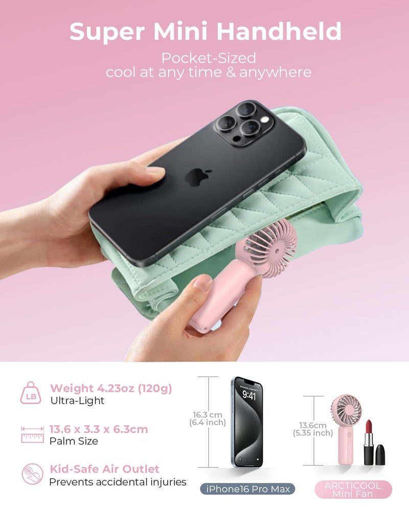 ARCTICOOL Portable Mini Fan - Rechargeable Hand Fan with 3 Adjustable Speeds, 2000mAh Battery, Lightweight Design, Low Noise, and Easy Portability for Indoor and Outdoor Use(Pink) - Image 4