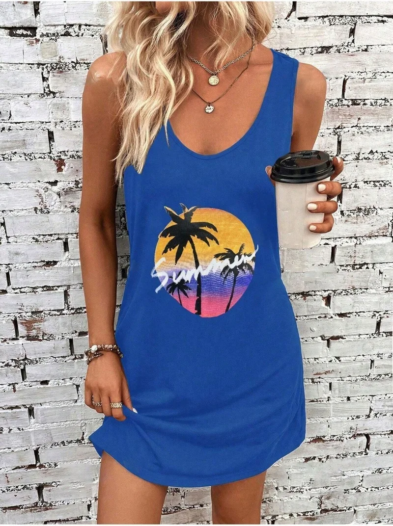 Trendseninle Women's Indigo Blue Summer Printed Strap T-Shirt Dress