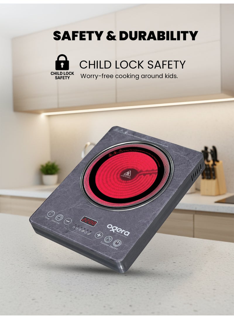 Ogera Digital Infrared Cooker OG8027IFC | 2200 W Single Cooking Hob with Glass-Ceramic Heating Element | LED Display & Touch Controls | 10 Power & Temperature Levels | 3-Hour Timer | Multi-Function Cooking (Hot Pot, Soup, Fry, BBQ & More) | 2-Year Warranty - Image 4