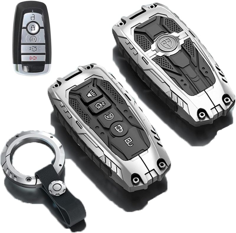 5-Button Smart Key Case Silver Zinc Alloy - Stylish Durable Scratch & Impact Protection Key Cover for Ford Fusion Explorer Escape Edge Mustang Raptor F150-F550 Smart Keys, New Car Owners - Image 2