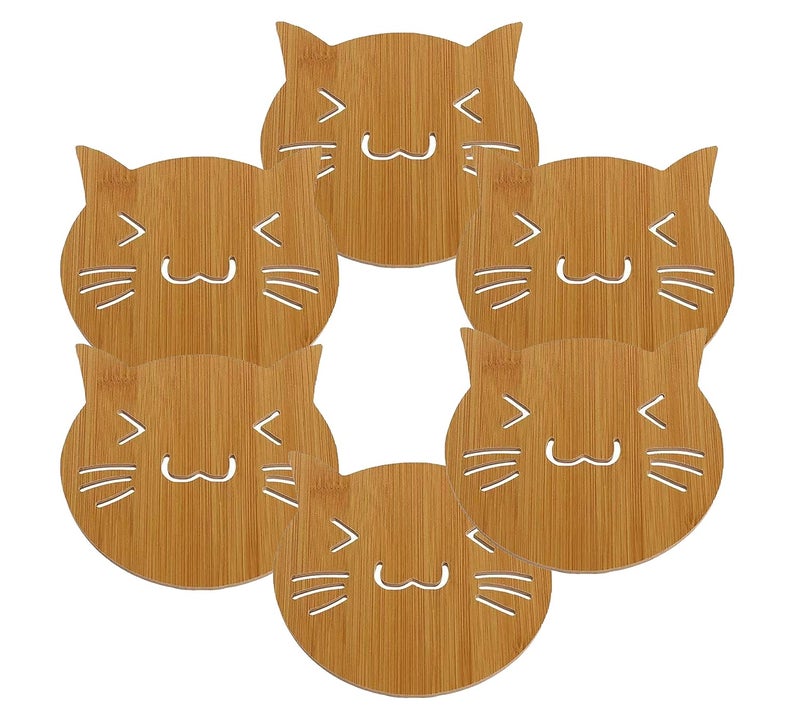 pepplo Set of 6 Coasters for Drinks Non-Slip Natural Wood Coasters for Coffee Table, Hot Drinks, Housewarming Gifts (Set of 6, Cat) - Image 1