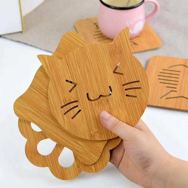 pepplo Set of 6 Coasters for Drinks Non-Slip Natural Wood Coasters for Coffee Table, Hot Drinks, Housewarming Gifts (Set of 6, Cat) - Image 3