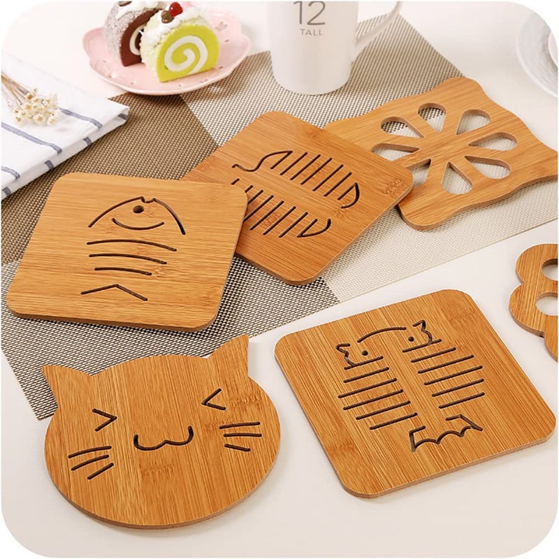 pepplo Set of 6 Coasters for Drinks Non-Slip Natural Wood Coasters for Coffee Table, Hot Drinks, Housewarming Gifts (Set of 6, Cat) - Image 4
