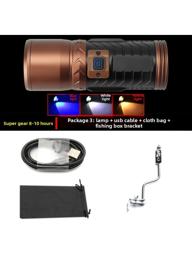 New Strong Flashlight LED High-power Blue Fishing Light USB Mobile Phone Rechargeable Three Light Source Night Fishing Light