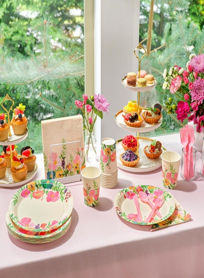 Juvale Paper Plates, Napkins & Cups - Watercolor Floral Party Supplies & Tea Party Set - 144-Piece, 9 In Plates, 9 Oz Cups, 13x13 In Napkins, 6 In Silverware, Pink - Image 4