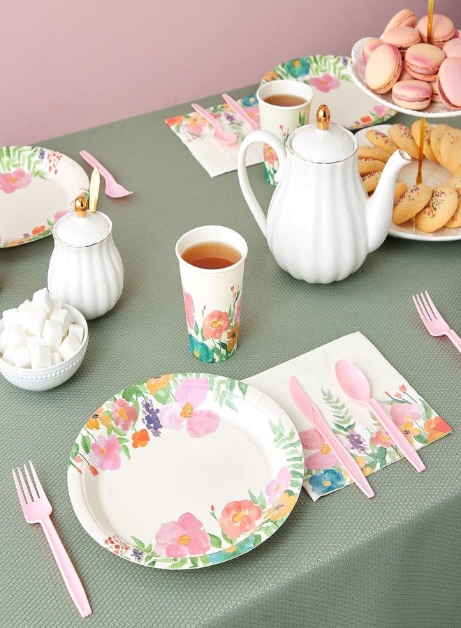 Juvale Paper Plates, Napkins & Cups - Watercolor Floral Party Supplies & Tea Party Set - 144-Piece, 9 In Plates, 9 Oz Cups, 13x13 In Napkins, 6 In Silverware, Pink - Image 3