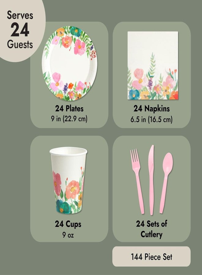 Juvale Paper Plates, Napkins & Cups - Watercolor Floral Party Supplies & Tea Party Set - 144-Piece, 9 In Plates, 9 Oz Cups, 13x13 In Napkins, 6 In Silverware, Pink - Image 5
