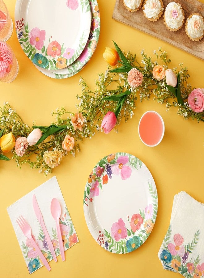 Juvale Paper Plates, Napkins & Cups - Watercolor Floral Party Supplies & Tea Party Set - 144-Piece, 9 In Plates, 9 Oz Cups, 13x13 In Napkins, 6 In Silverware, Pink - Image 2