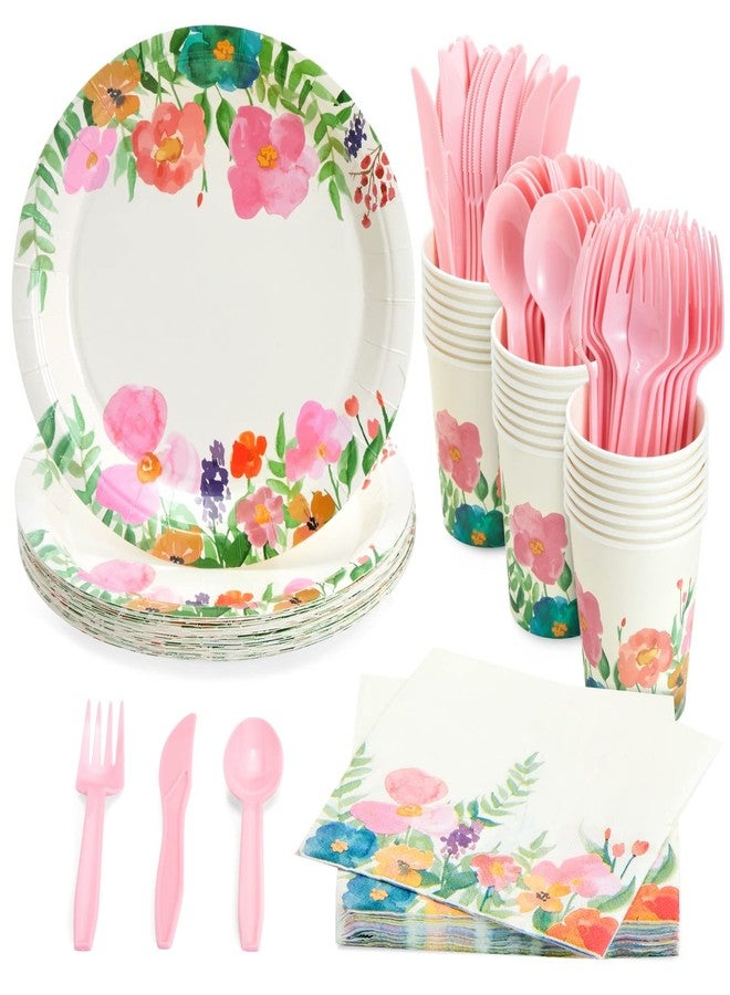 Juvale Paper Plates, Napkins & Cups - Watercolor Floral Party Supplies & Tea Party Set - 144-Piece, 9 In Plates, 9 Oz Cups, 13x13 In Napkins, 6 In Silverware, Pink - Image 1