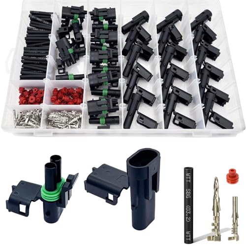 Twippo 15 Kits 2 Pin Connector Weather Pack Connectors Kit Automotive Electrical Waterproof Connectors 2 Wire Connectors with 60pcs Shrink Tubing Kit (18-14 AWG) - Image 1