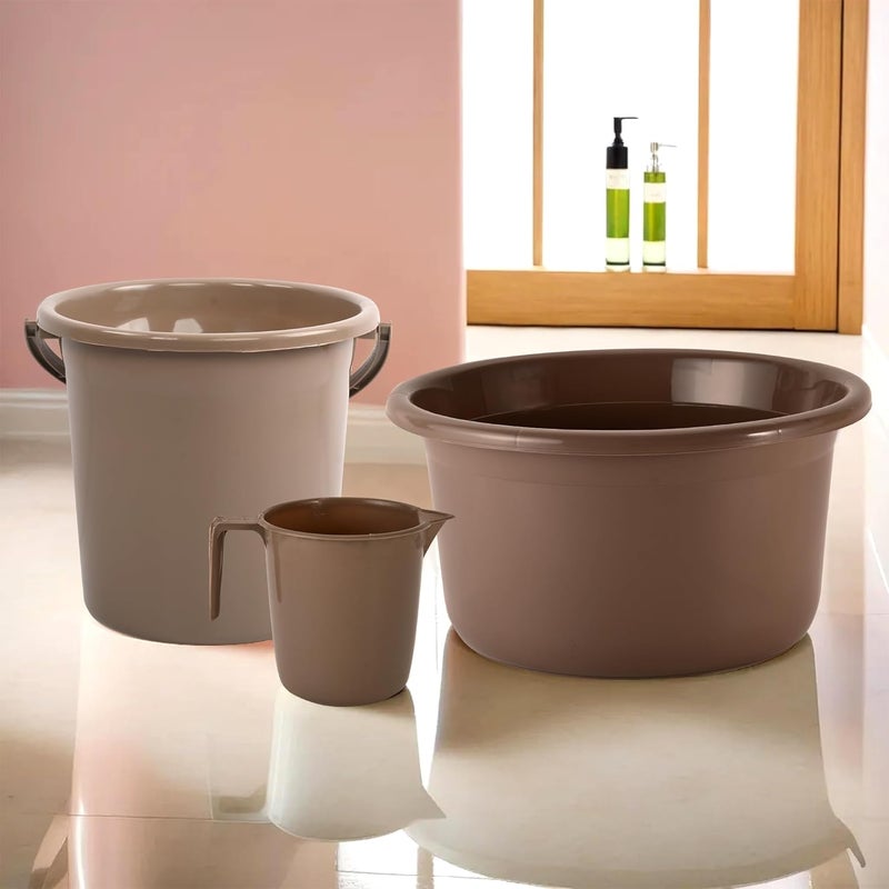 Urbane Home Urbane Home Set of 3 Bathroom Combo Set TubBucket Mug Combo Set for Bathroom Bathing Set Bathware Set Modern Bathroom Accessories Set Brown  - Image 1