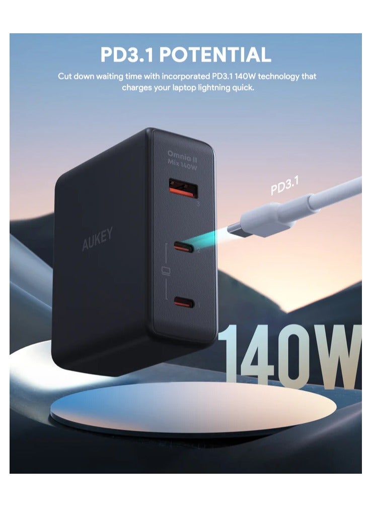 Aukey PA-B7O BK 3-Port 140W PD Wall Charger with GaN Power Tech - Image 2