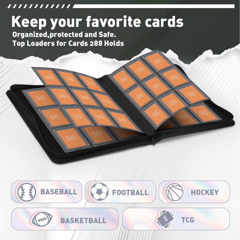 MOSLA Toploader Binder,Trading Card Binder Storage Hold up 288 Cards 9-Pocket Top Loader Binder with Sleeves for 3"x4" Rigid Toploaders Hard Cases (9Black) - Image 3