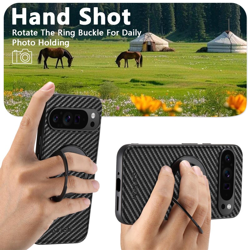 Suteni For Google Pixel 10 G3 Carbon Fiber Leather 360 Rotation Holder Magsafe Phone Case(Black) - Image 5