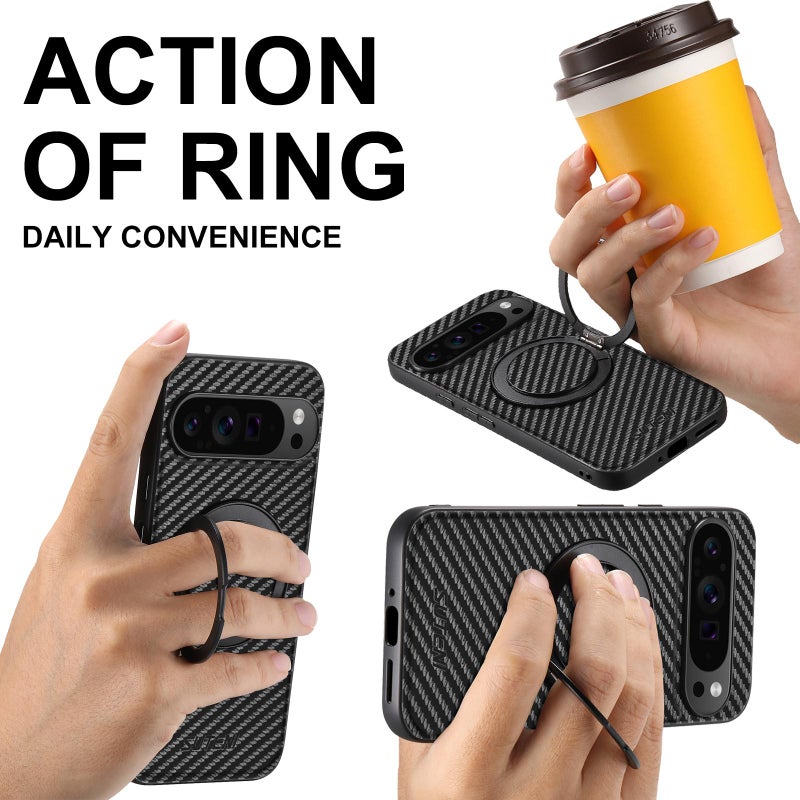 Suteni For Google Pixel 10 G3 Carbon Fiber Leather 360 Rotation Holder Magsafe Phone Case(Black) - Image 3