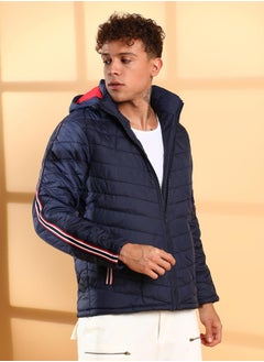 Campus Sutra Men's Dark Blue Quilted Puffer Jacket With Contrast Striped Sleeve  - Image 3
