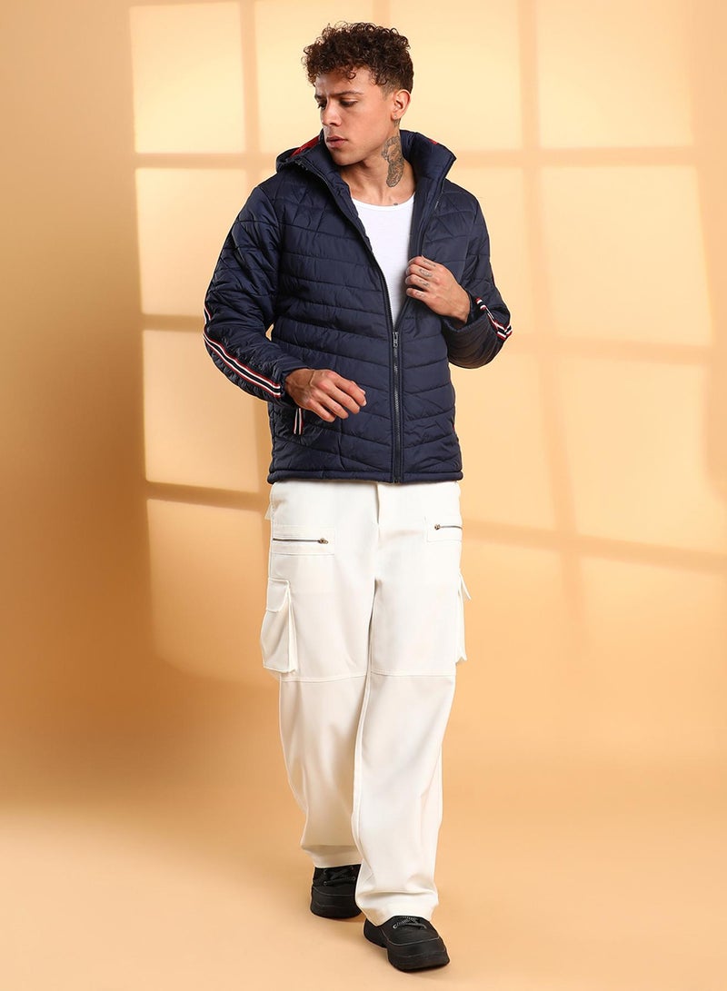 Men's Dark Blue Quilted Puffer Jacket With Contrast Striped Sleeve