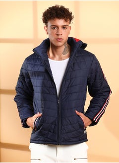 Campus Sutra Men's Dark Blue Quilted Puffer Jacket With Contrast Striped Sleeve  - Image 2