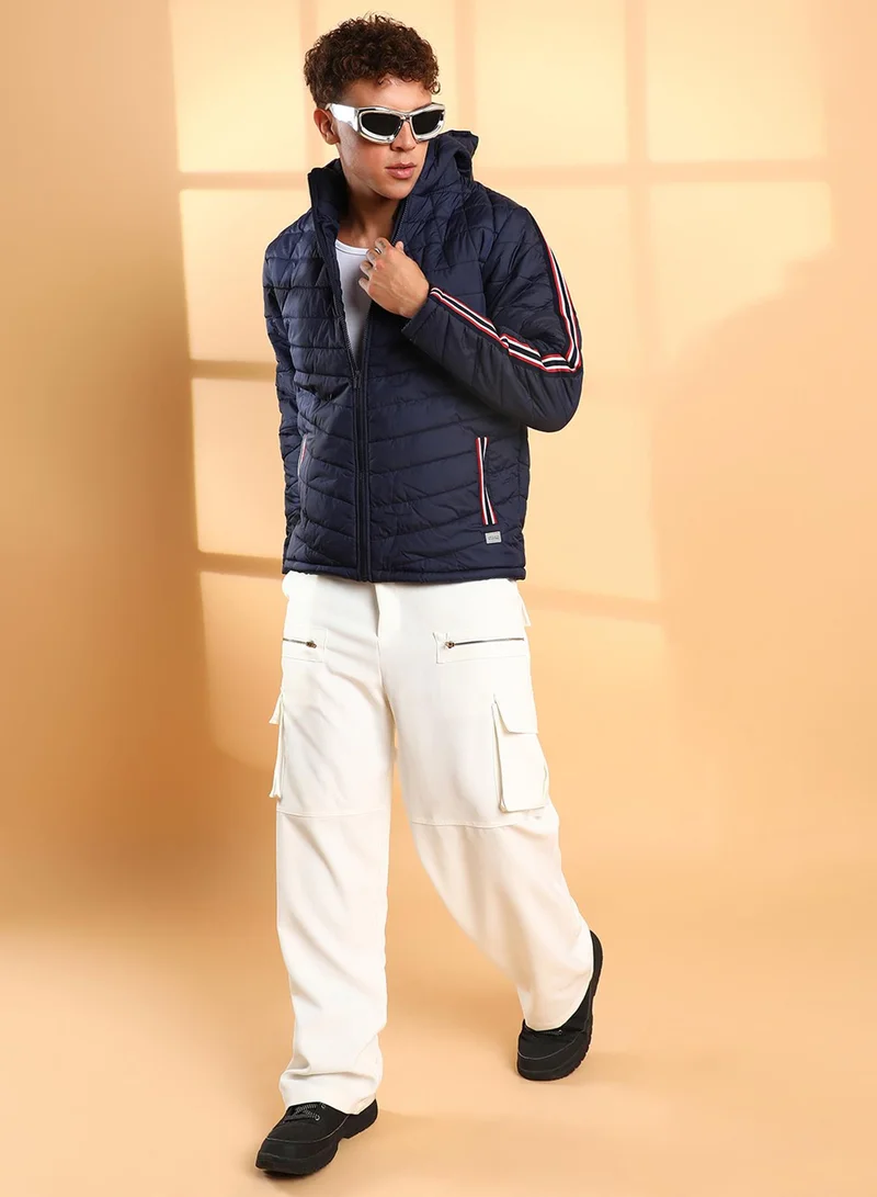 كامبوس سوترا Men's Dark Blue Quilted Puffer Jacket With Contrast Striped Sleeve
