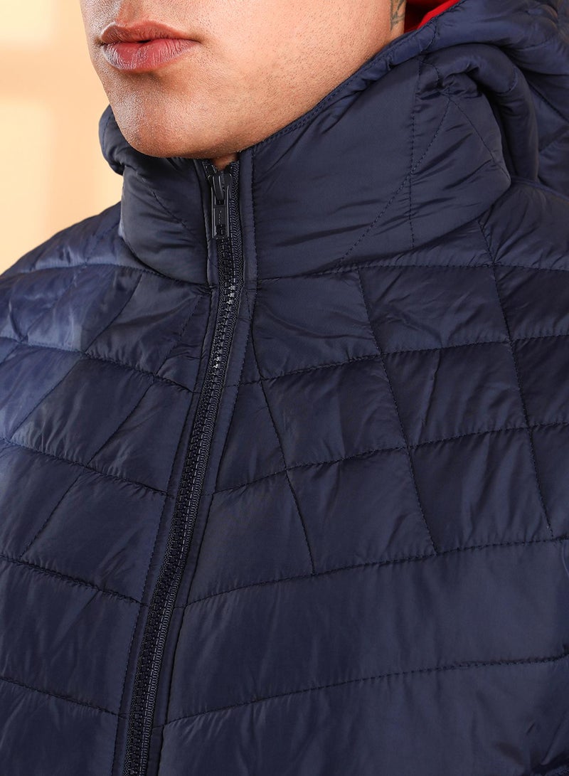 Men's Dark Blue Quilted Puffer Jacket With Contrast Striped Sleeve