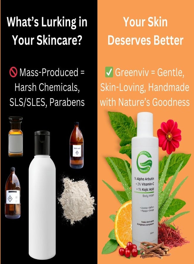 Greenviv Alpha Arbutin Body Wash Shower Gel for Brightening & Pigmentation | with Vitamin C & Kojic Acid | Fades Dark Spots, Evens Skin Tone & Enhances Glow | For Women & Men | Sulphates & Paraben-Free | 200 ml - Image 3