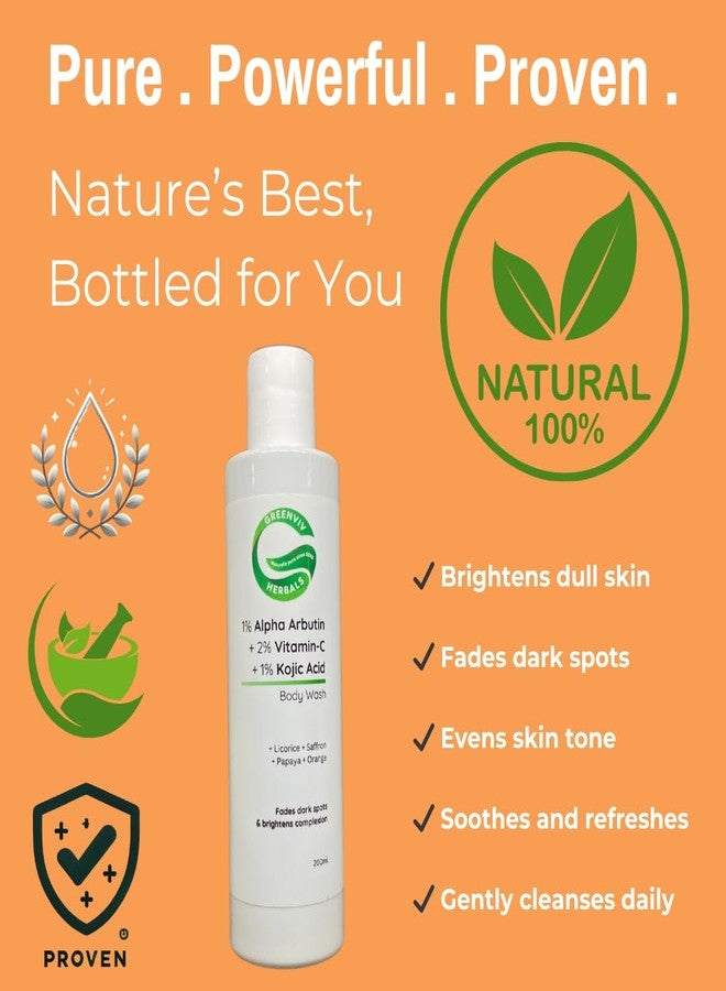 Greenviv Alpha Arbutin Body Wash Shower Gel for Brightening & Pigmentation | with Vitamin C & Kojic Acid | Fades Dark Spots, Evens Skin Tone & Enhances Glow | For Women & Men | Sulphates & Paraben-Free | 200 ml - Image 2