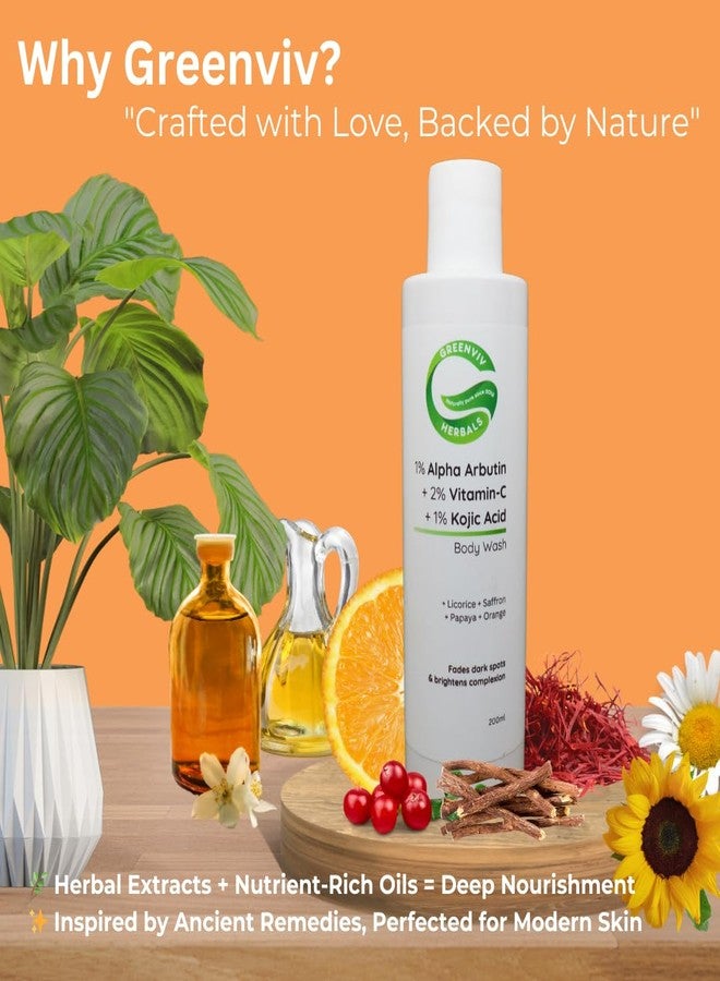 Greenviv Alpha Arbutin Body Wash Shower Gel for Brightening & Pigmentation | with Vitamin C & Kojic Acid | Fades Dark Spots, Evens Skin Tone & Enhances Glow | For Women & Men | Sulphates & Paraben-Free | 200 ml - Image 4