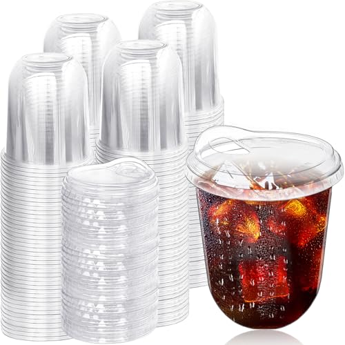 Alaeseje 100 Pack Clear Plastic Cups with Strawless Sip Lids,12 oz Iced Coffee Cups with Lids,Disposable PET Crystal Cups,Round Bottom To Go Cup for Iced Coffee Juice Smoothie Cold Beverage - Image 1