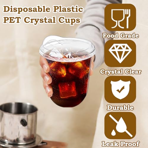 Alaeseje 100 Pack Clear Plastic Cups with Strawless Sip Lids,12 oz Iced Coffee Cups with Lids,Disposable PET Crystal Cups,Round Bottom To Go Cup for Iced Coffee Juice Smoothie Cold Beverage - Image 3