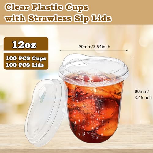 Alaeseje 100 Pack Clear Plastic Cups with Strawless Sip Lids,12 oz Iced Coffee Cups with Lids,Disposable PET Crystal Cups,Round Bottom To Go Cup for Iced Coffee Juice Smoothie Cold Beverage - Image 2