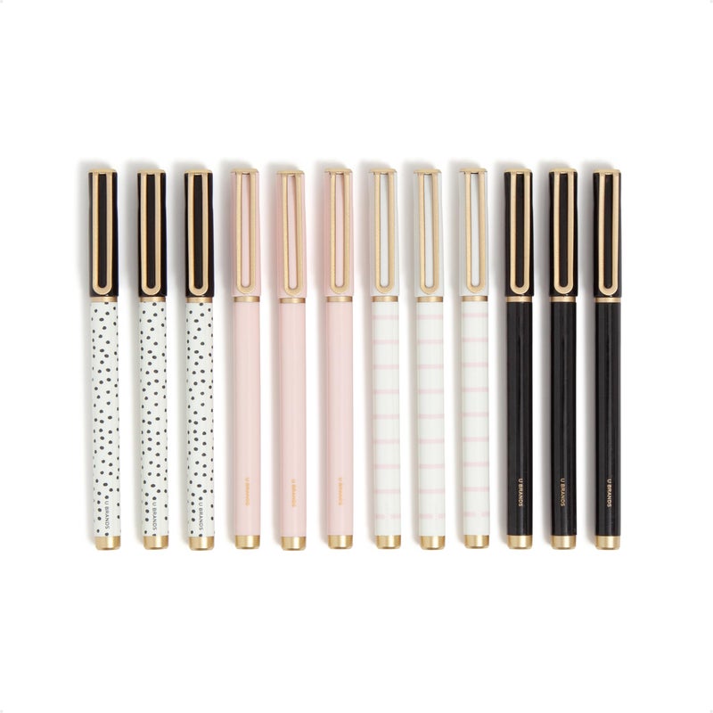 U Brands Catalina Felt Tip Pens, Set of 12, Stripes and Dots with Gold Details, Medium (0.7 mm) Point, Black Ink - Image 1