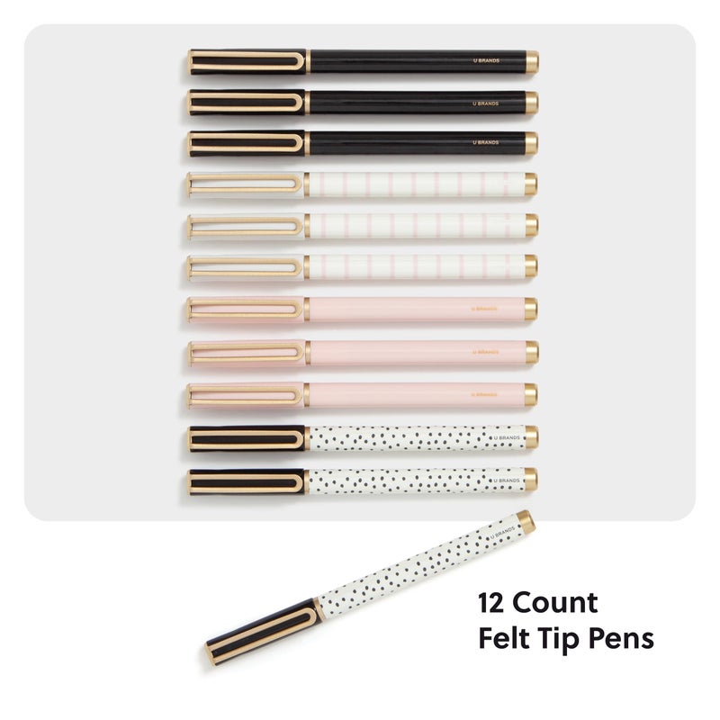 U Brands Catalina Felt Tip Pens, Set of 12, Stripes and Dots with Gold Details, Medium (0.7 mm) Point, Black Ink - Image 2