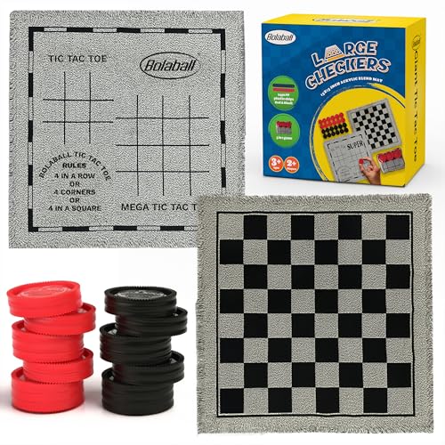 Bolaball 3in1 Jumbo Checkers Tic Tac Toe Game Set with Carry Bag Giant Outdoor Board Games for Kids Adults Family Games Reversible 13 x 13 Board 24 EasyGrip Chips - Image 1